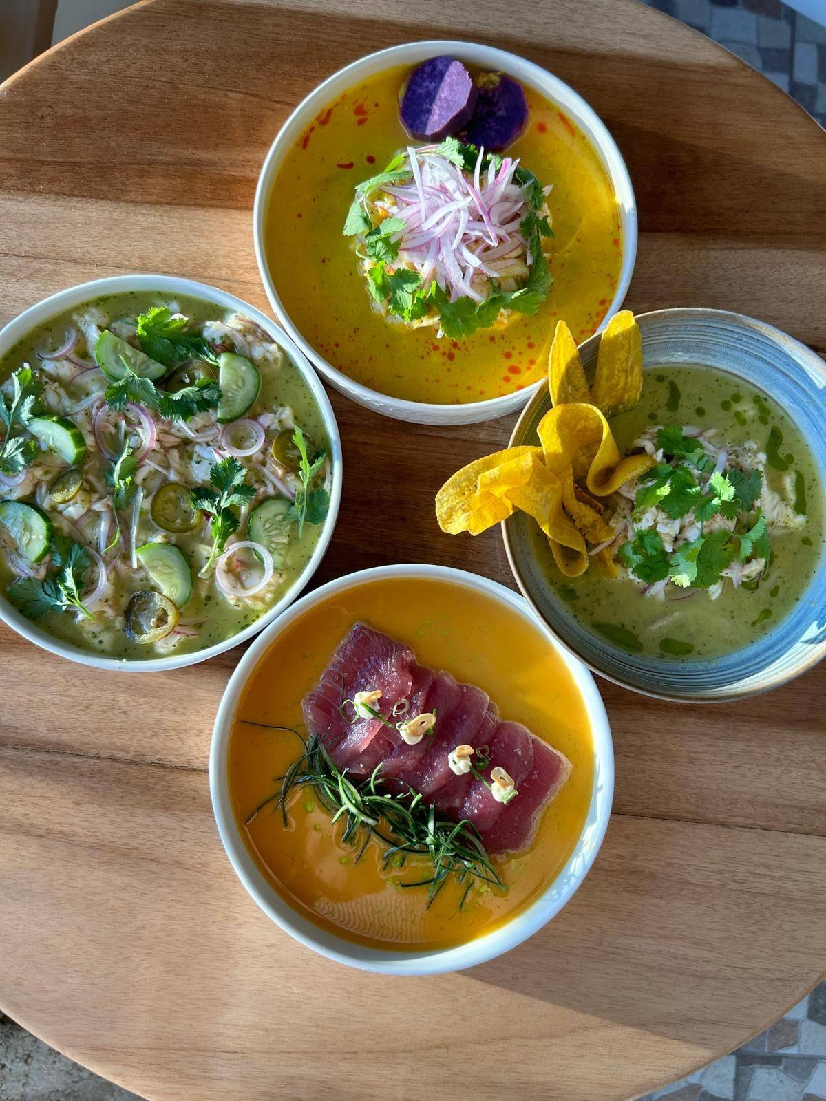 Four styles of ceviche and aguachile, including tuna in a golden broth, seen from above